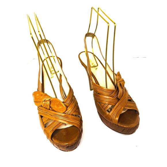Prada Tan Leather Slingback Heels Size 36 Knotted Platform Sandals - Picture 4 of 11